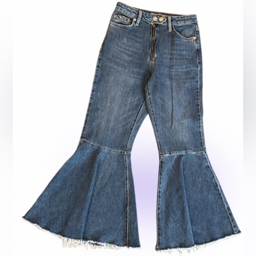 Top shop Moto Dree Flare Flare loose hem bell buttons crop jeans Sz 25